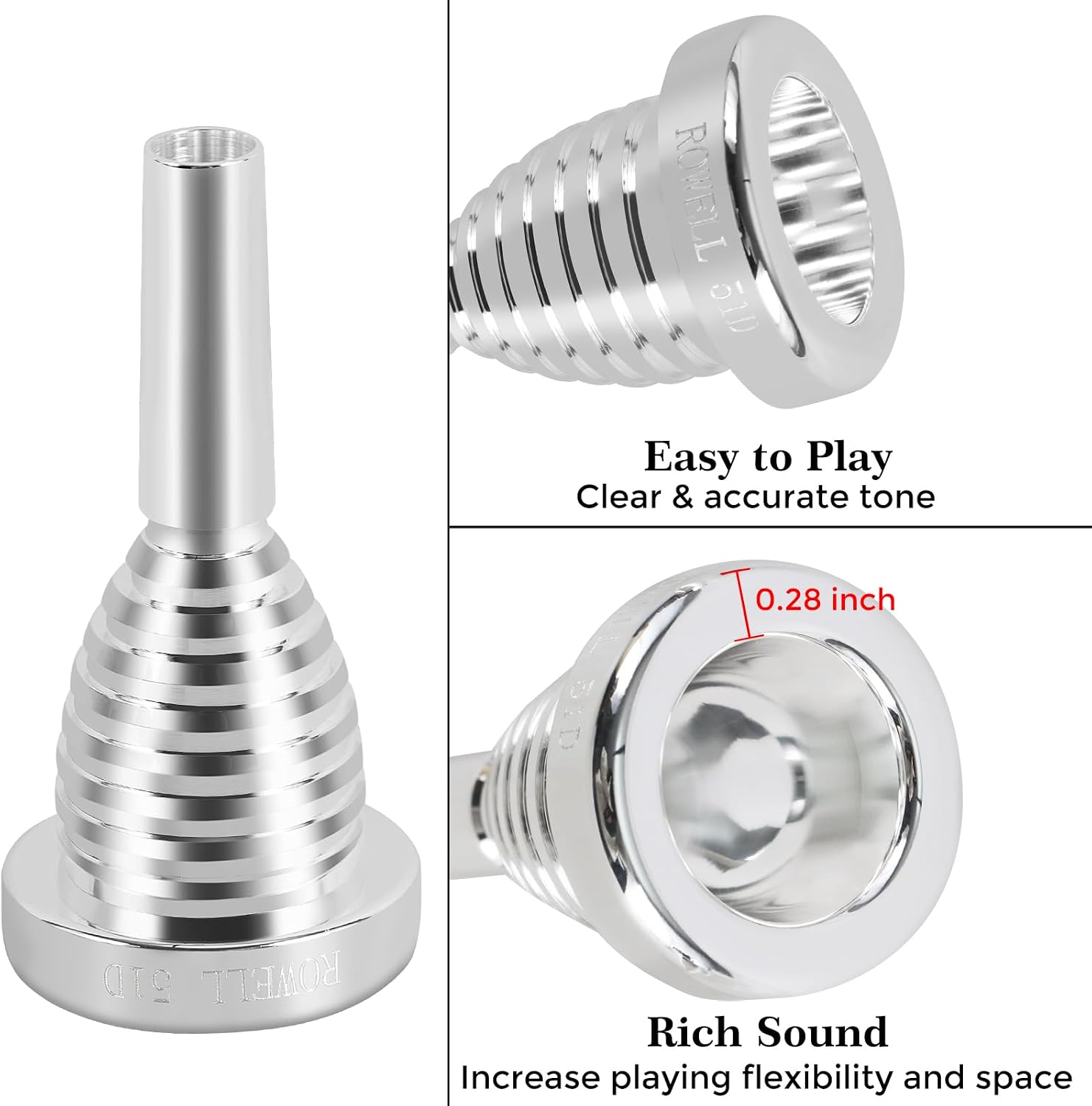 ROWELL 51D Silver Trombone Mouthpiece - Brass, Compatible with Beginners and Professionals, Modern Style, B Flat Instrument
