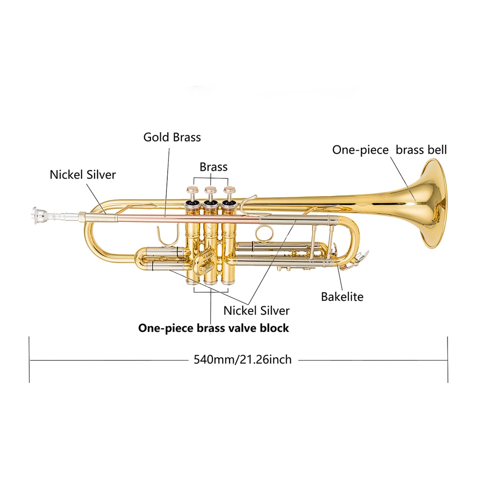 Bb trumpets red gold brass leadpipe mouthpipe advanced student professional trumpet Musical Instruments For Beginner Adults (710 gold brass)