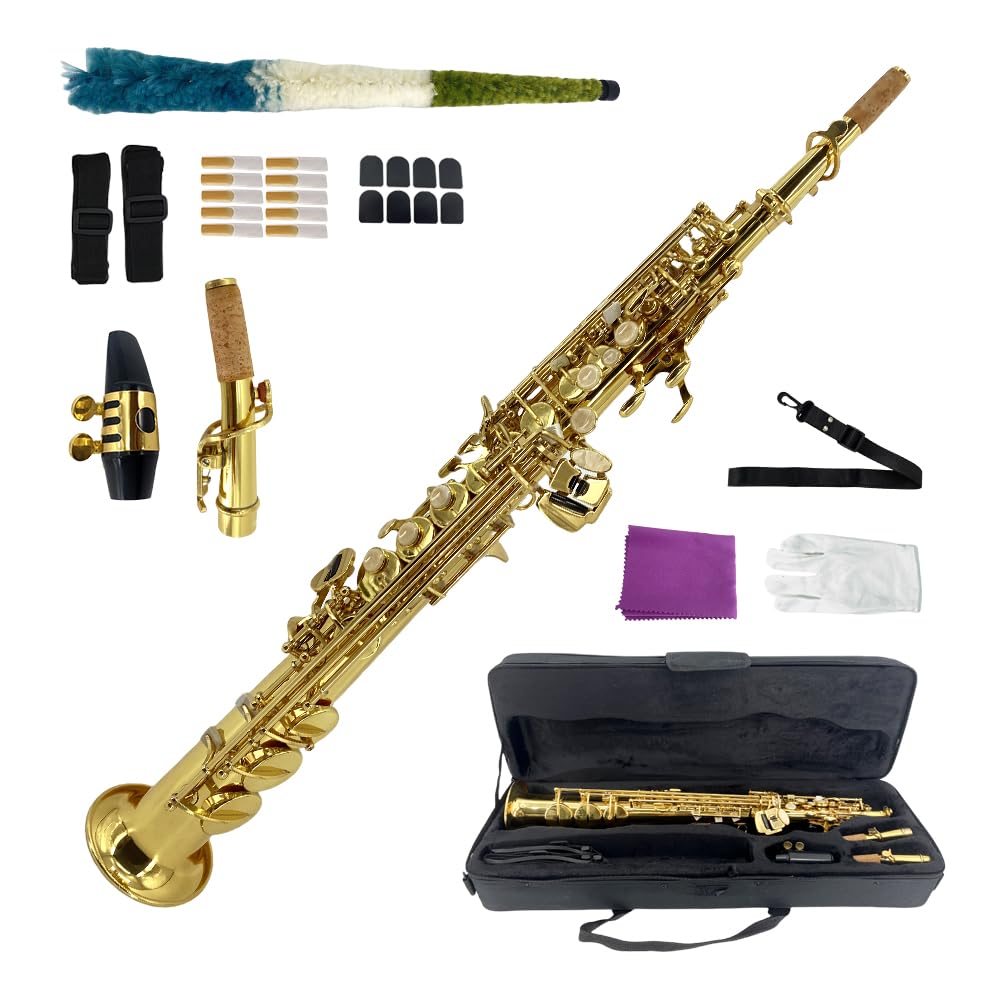 Straight Soprano Saxophone Bb B Flat Sax with Case, Mouthpiece,Reeds & Accessories Brass Woodwind Instrument for Beginners,Adults & Advanced Players