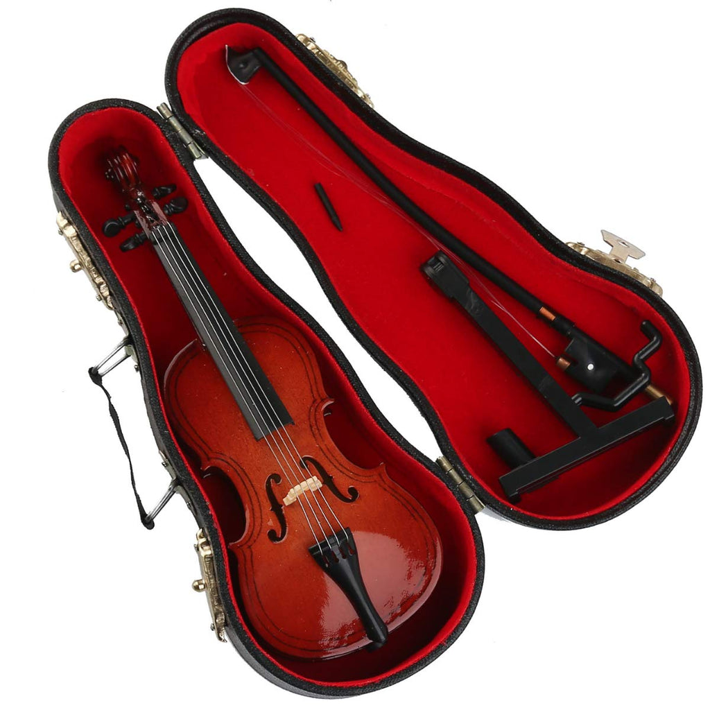 Wooden Miniature Cello with Stand, Bow and Case Mini Musical Instrument Cello Replica Collectible Figurines Dollhouse Accessories Model Home Decoration Display Ornament (5.51"x1.97"x0.63")