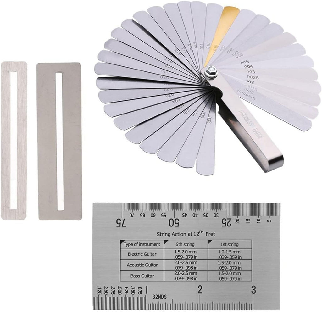 Guitar String Action Gauge Ruler Set with 32 Piece Feeler Gauges and Fret Protectors for Guitar Setup and Maintenance Stainless Steel Silver