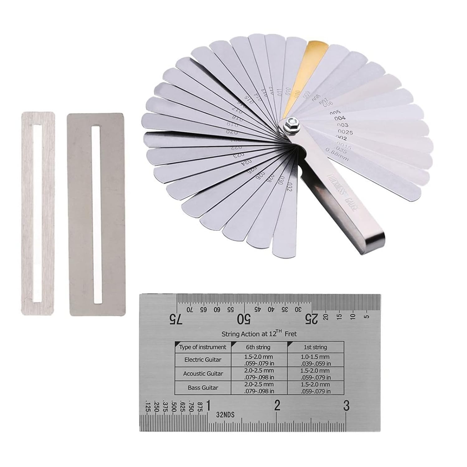 Guitar String Action Gauge Kit with Double Sided Etched Ruler 2 Fret Protector Guards 2 Sizes and 32 Piece Feeler Gauge Set for Precise String Height Measurement Luthier Maintenance