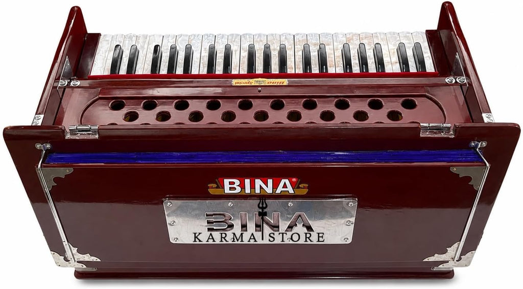 Harmonium Traveler, Portable Folding with 4 Stops, 2½ Octaves, Teak, Wood, 18 x 12 x 7 Inches, 8 KG, Bass-Male Reed, 440 Hz, with Coupler and Gig Bag, Harmonium BINA no. 23B Dx