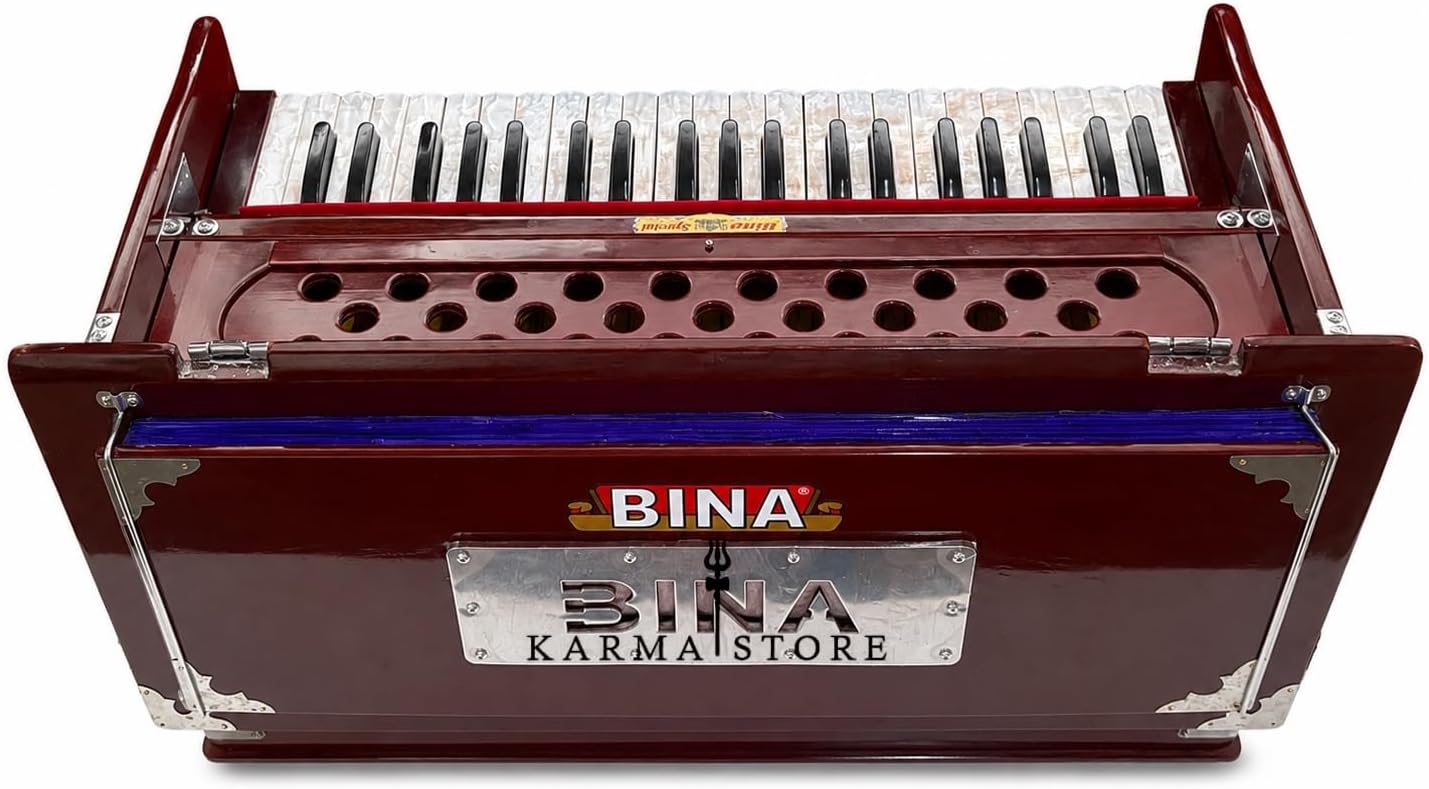 Harmonium Traveler, Portable Folding with 4 Stops, 2½ Octaves, Teak, Wood, 18 x 12 x 7 Inches, 8 KG, Bass-Male Reed, 440 Hz, with Coupler and Gig Bag, Harmonium BINA no. 23B Dx