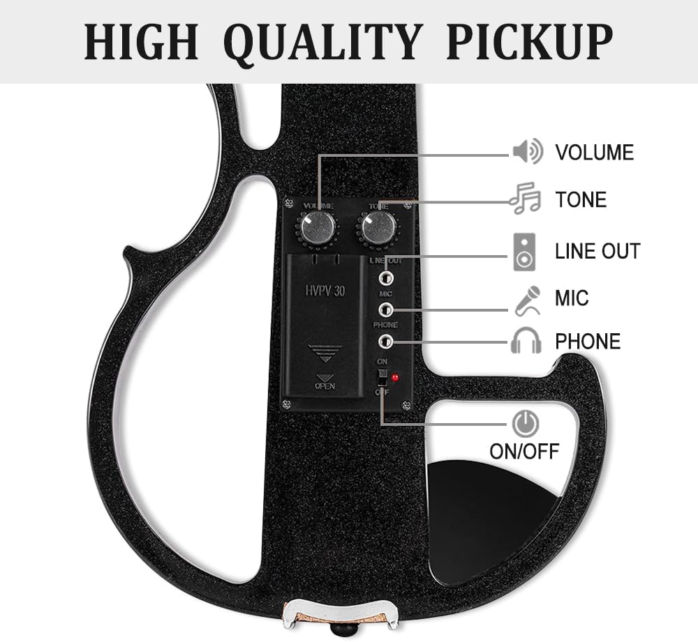 Vetimobato Electric Violin 4/4 Full Size Solid Wood Silent Violin Set for Adults Beginner Practice Electric Fiddle with Ebony Fittings Hard Case & Bow(4 String Black)