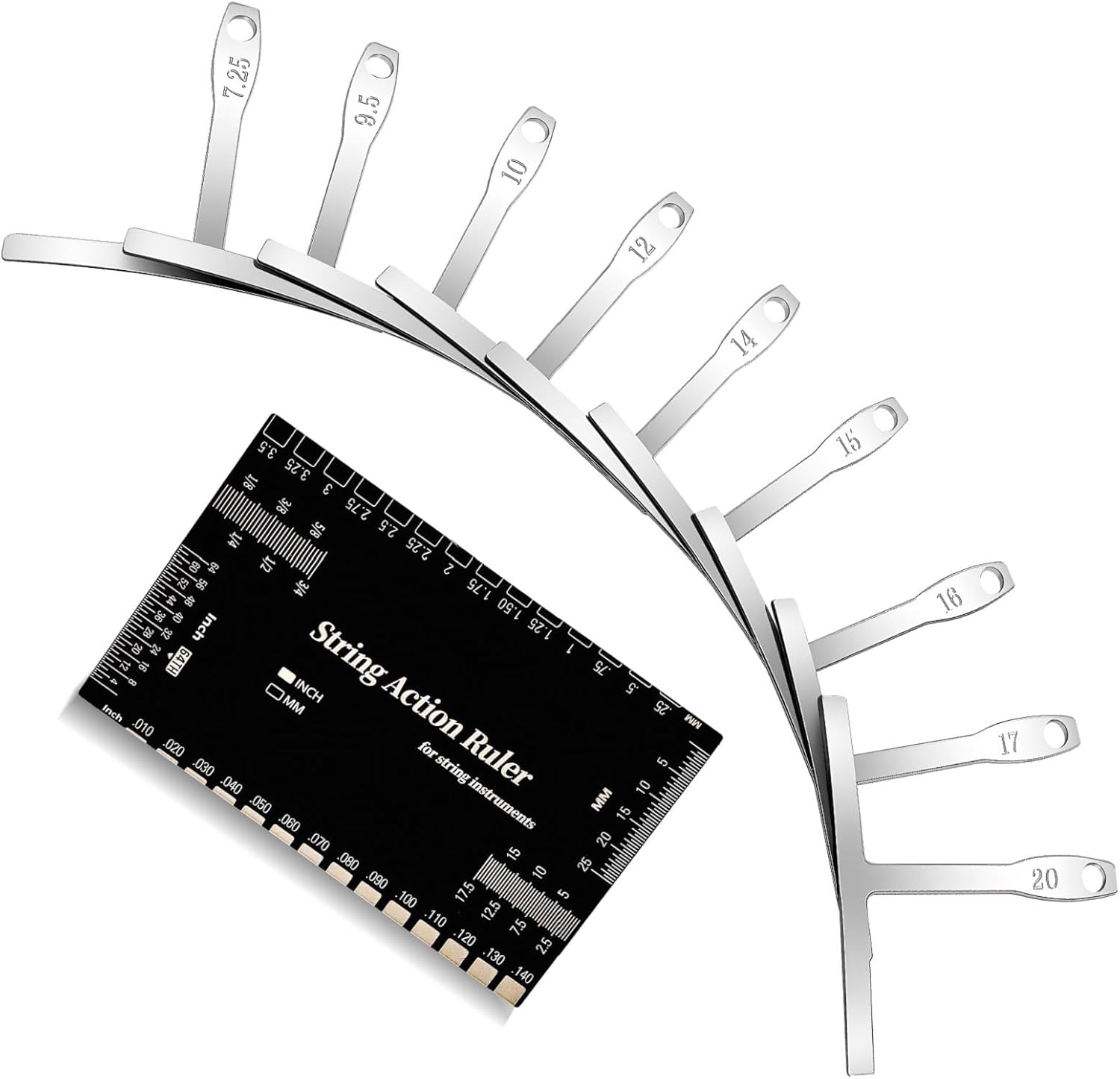 10 Pcs Guitar Luthier Tools Include 9 Pcs Understring Guitar Radius Gauge and 1 String Action Height Gauge Ruler, Measuring Setup Tool Kit for Guitar Bass