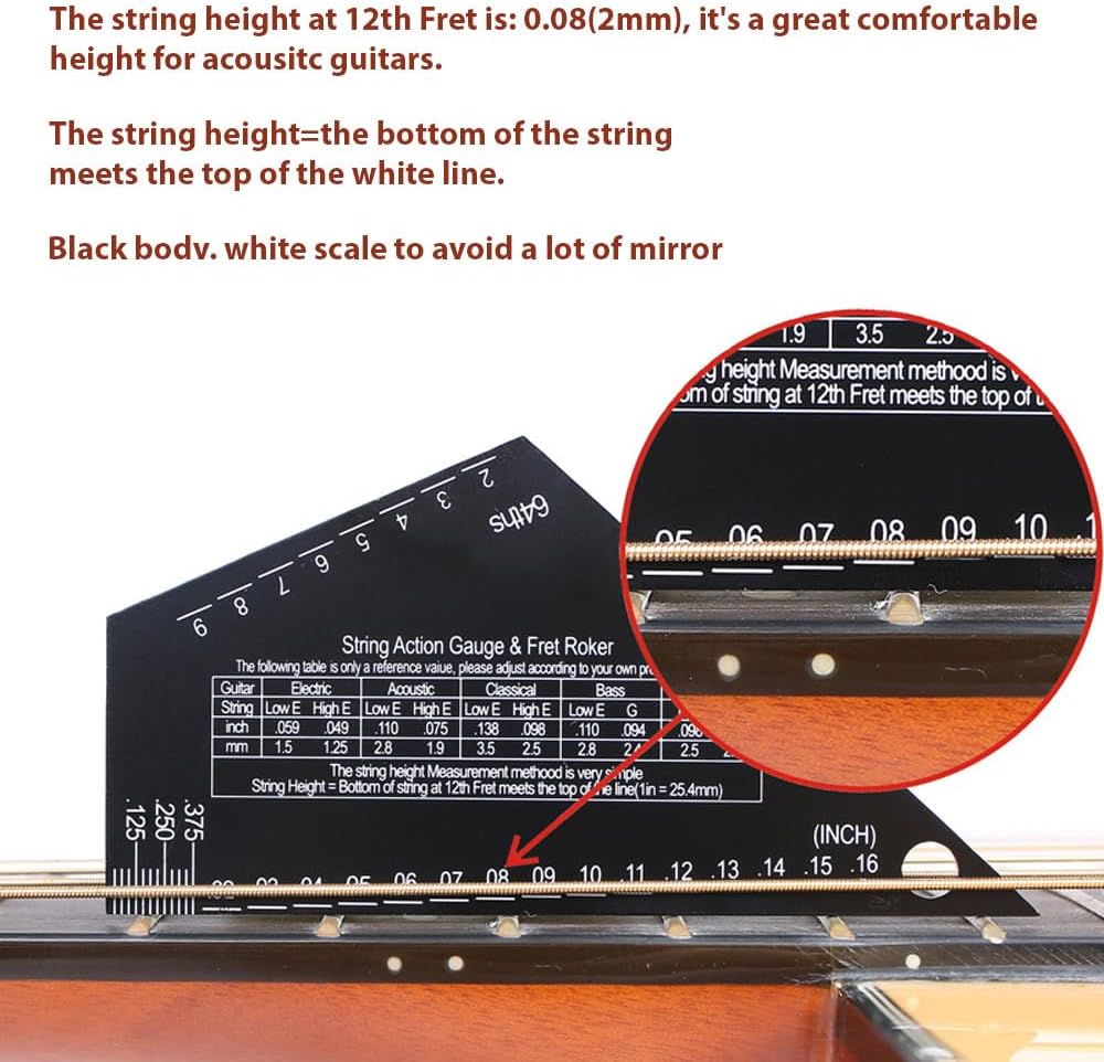 Guitar String Action Gauge, 1mm Stainless Steel String Height Ruler, Triangle Leveling Gauge with Imperial Metric for Electric, Acoustic Guitar and Bass Setup