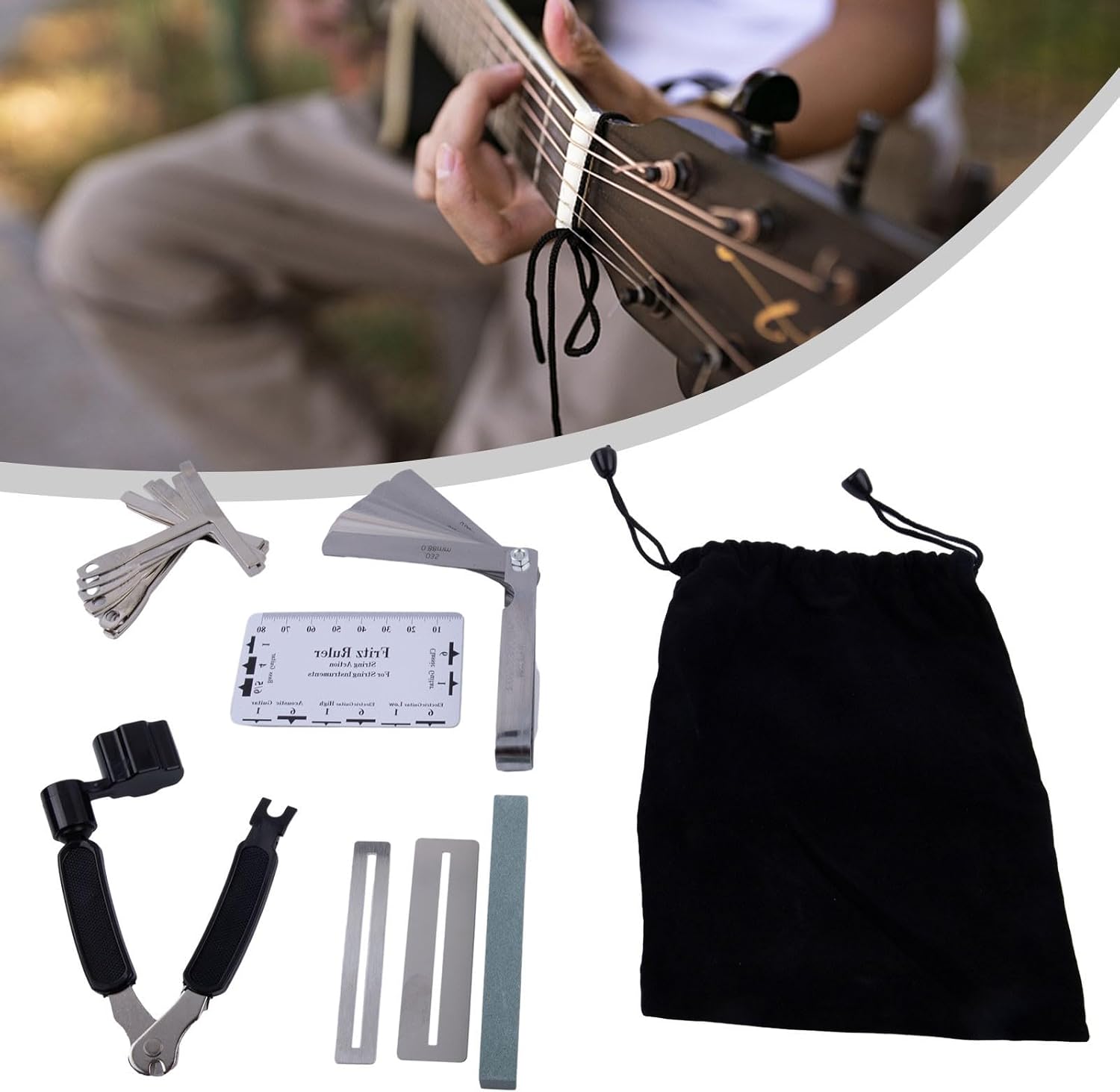 Guitar Luthier Tools Kit 9-Piece Set with Understring Radius Gauge, String Action Ruler, Feeler Gauge for Electric Acoustic Bass Setup and Repair