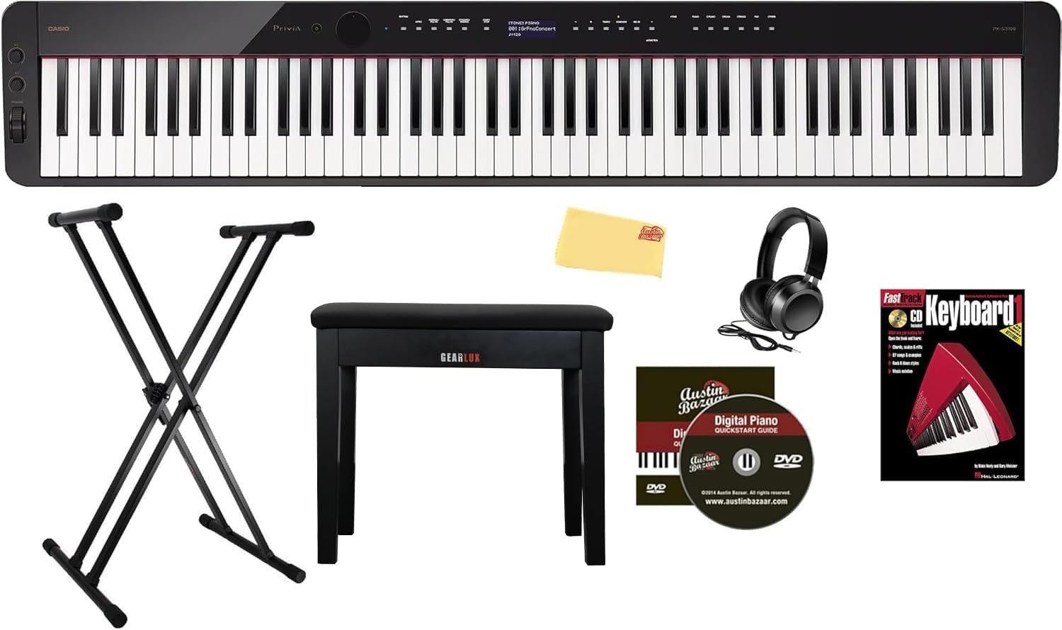 Casio Privia PX-S3100 Digital Piano - Black Bundle with Adjustable Stand, Bench, Headphones, Instructional Book, Online Lessons, Instructional DVD, and Austin Bazaar Polishing Cloth