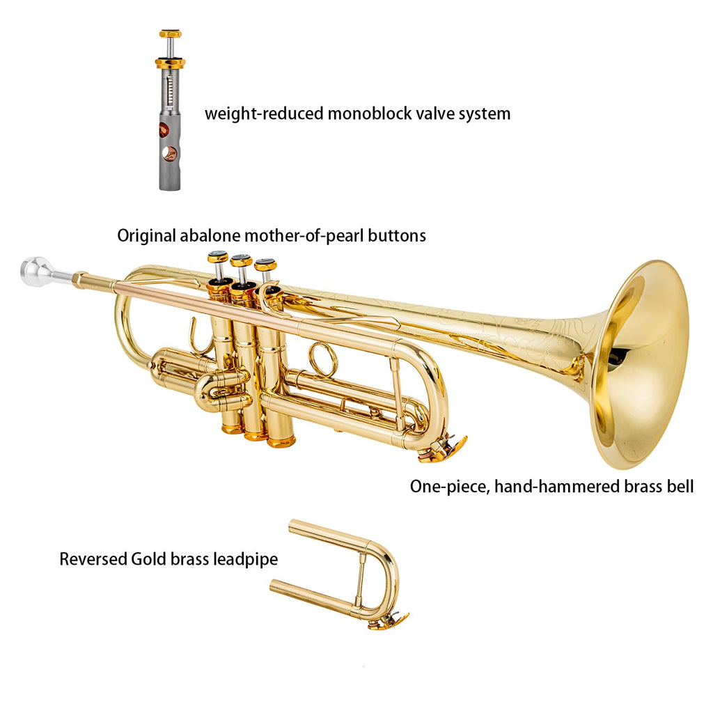 Bb trumpets red gold brass leadpipe mouthpipe advanced student professional trumpet Musical Instruments For Beginner Adults (710 gold brass)