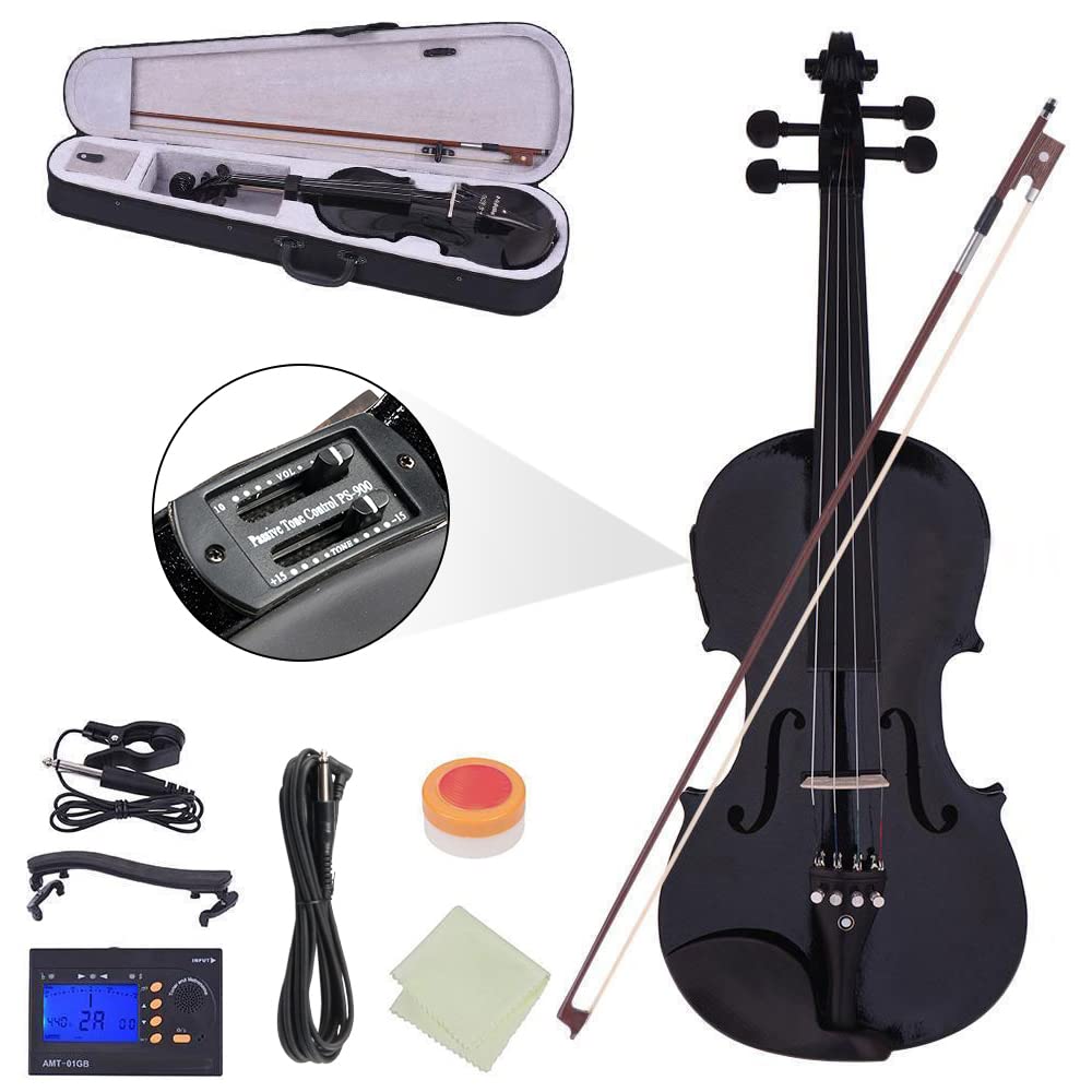 Ktaxon Acoustic Electric Violin, 4/4 Violin with EQ preamp and Ebony Accessories, Full-size Violin with AUX Cable, Shoulder Rest, Rosin, Extra String and Cleaning Cloth (Black)