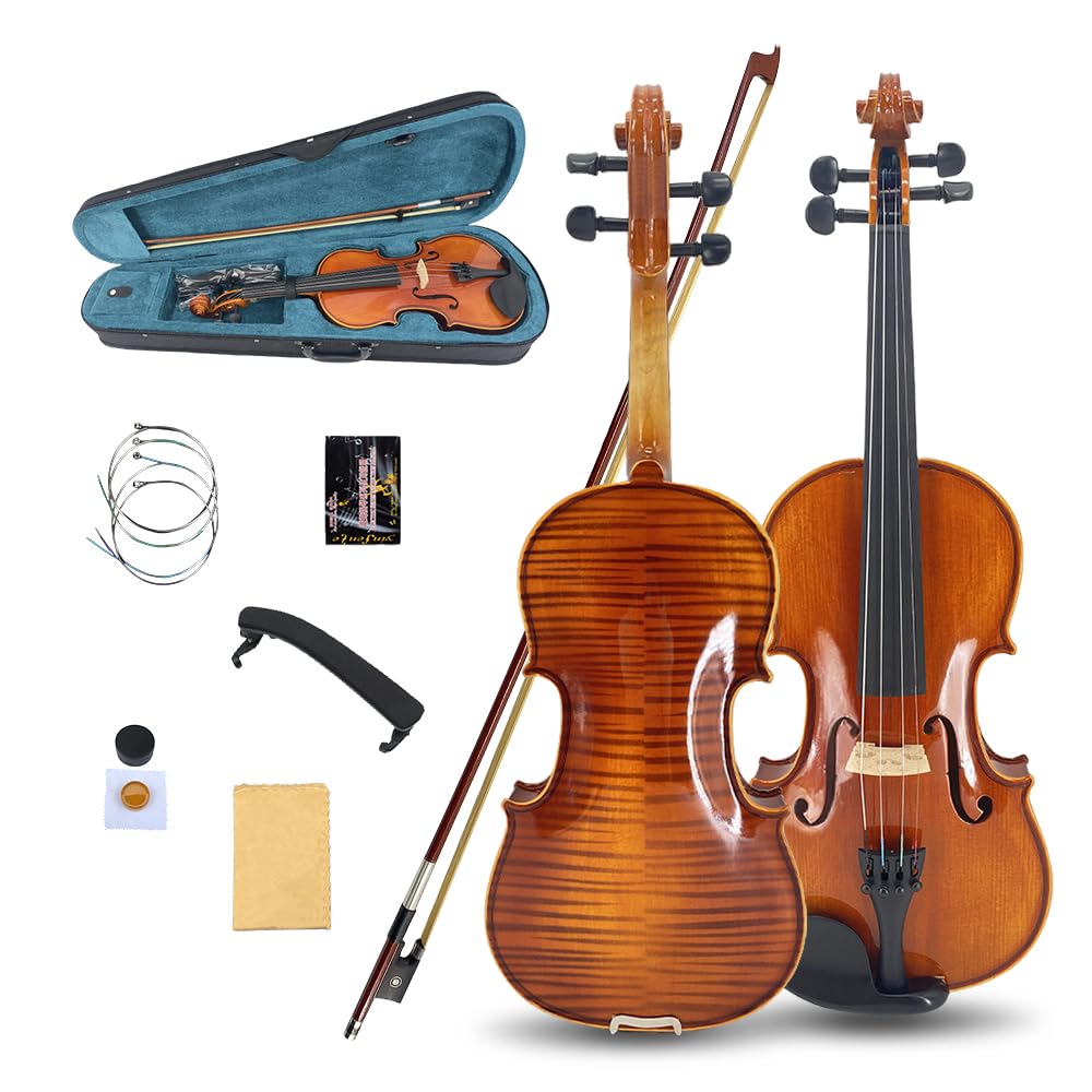 4/4 Violin for Beginners & Adults, Full Size Solid Wood Acoustic Violin with Flamed Back, Case, Bow,Shoulder Rest & Accessories Glossy Finish