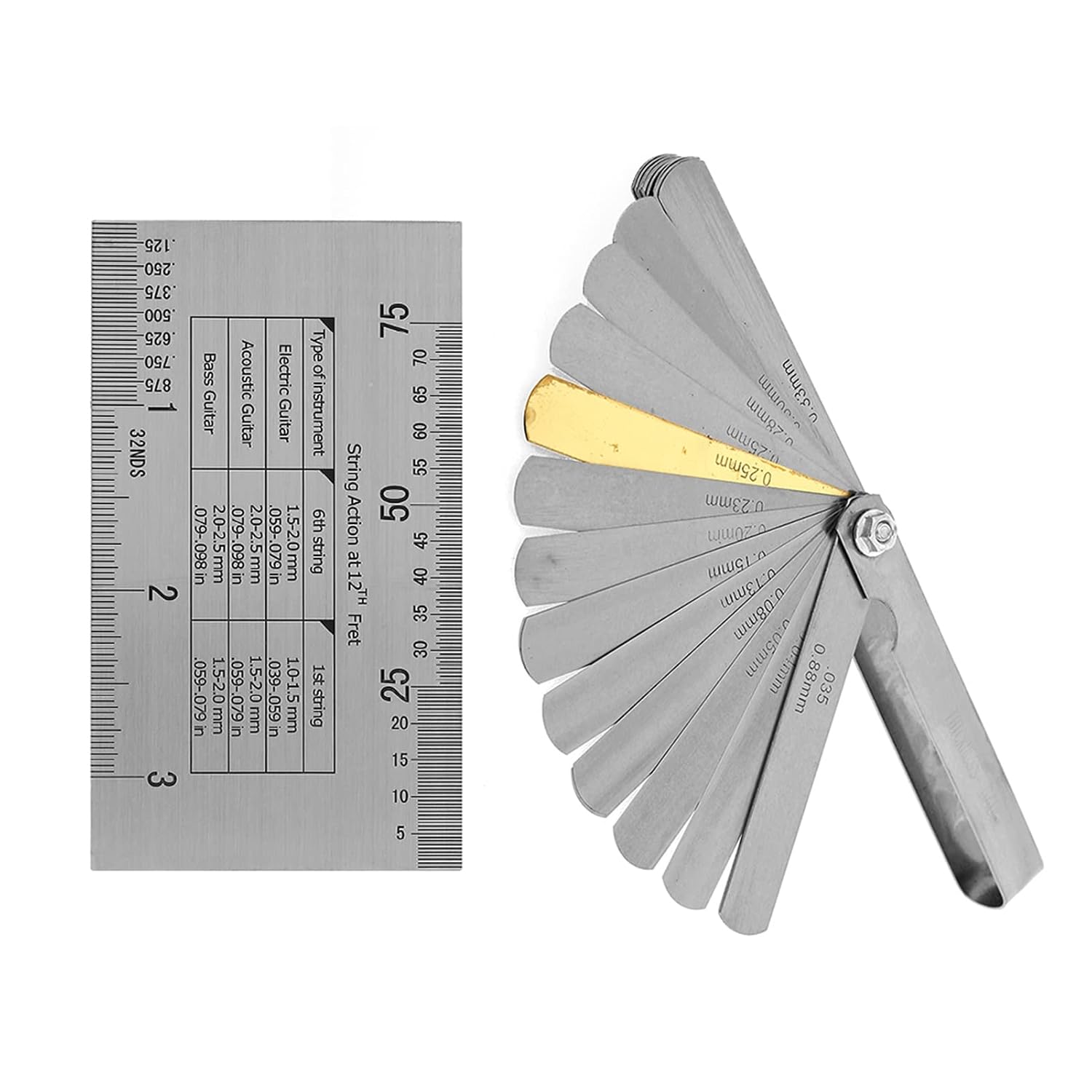 Guitar String Action Gauge Kit with Double Sided Etched Ruler 2 Fret Protector Guards 2 Sizes and 32 Piece Feeler Gauge Set for Precise String Height Measurement Luthier Maintenance