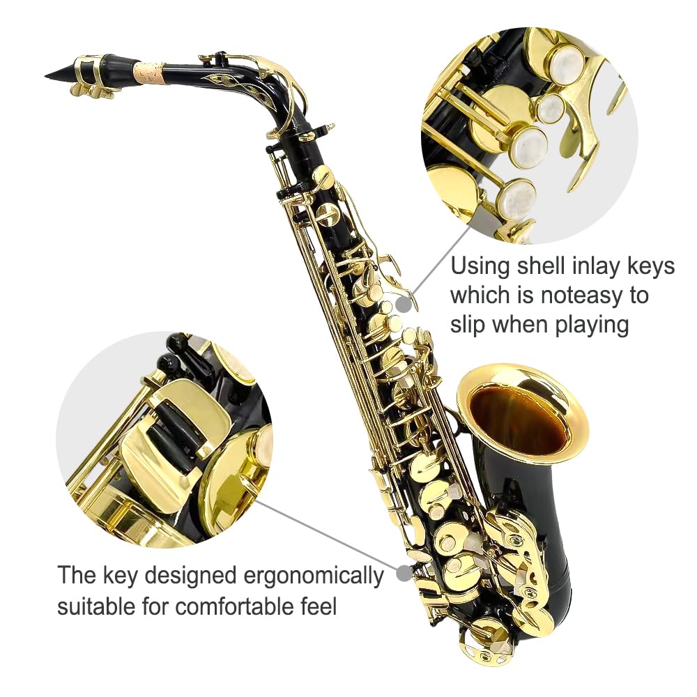 Beginner Alto Saxophone, E Flat - Complete Starter Kit with Case & 10 Reeds, for Adults & Students, Easy to Play for School Band & Practice(Gold)
