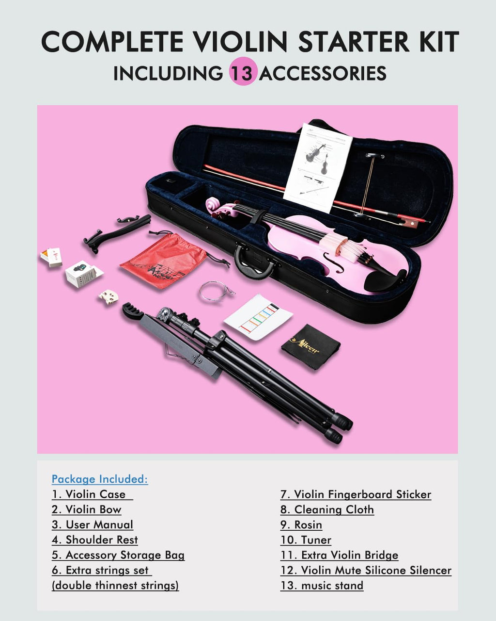 Aileen Violin 4/4 Full Size for Adults Beginners, Black Fiddle Starter Kit for Students Age 12+, including Music Stand, Unique New Fingerboard Sticker, Mute