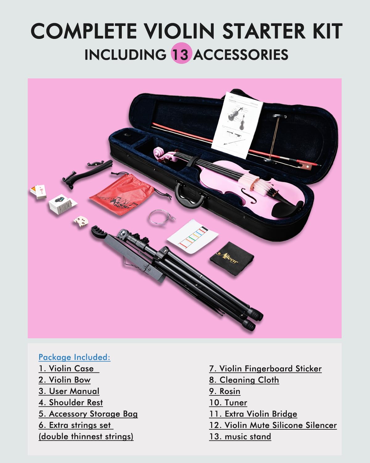 Aileen Violin 4/4 Full Size for Adults Beginners, Black Fiddle Starter Kit for Students Age 12+, including Music Stand, Unique New Fingerboard Sticker, Mute