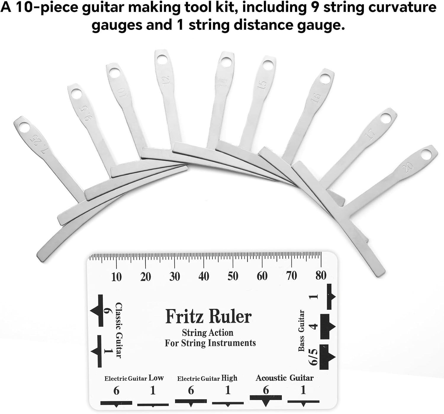 10pcs Guitar Luthier Tools Set, Includes 9 Guitar Understring Radius Gauge & String Action Height Gauge Ruler for Bass Setup Repair Tool Kit