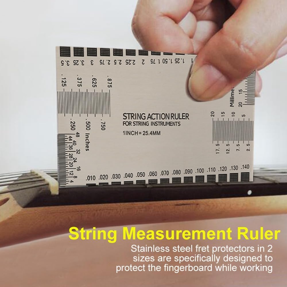 Guitar String Gauge Tool with Fret Protectors – Metal String Action Height Ruler for Guitar Bass Setup, Fretboard Maintenance and Polishing
