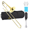 EASTROCK Bb Tenor Slide Trombone, B Flat Brass Plated Trombone Instrument for Beginners Students with Hard Case, with Mouthpiece, White Gloves (12.5mm/200 mm), Golden