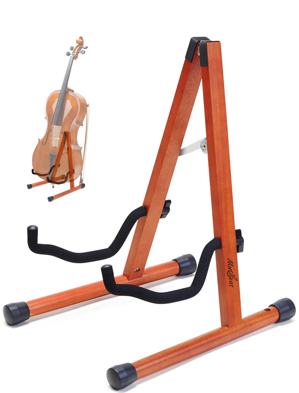 Cello Stand with Bow Holder, Mahogany Wooden A-Shape Floor Stand with Padded Foam, Handcrafted Cello Rack Fits 1/2, 3/4, 7/8, 4/4 Full-Size and Guitar, Instrument Holder for Home and Studio Display