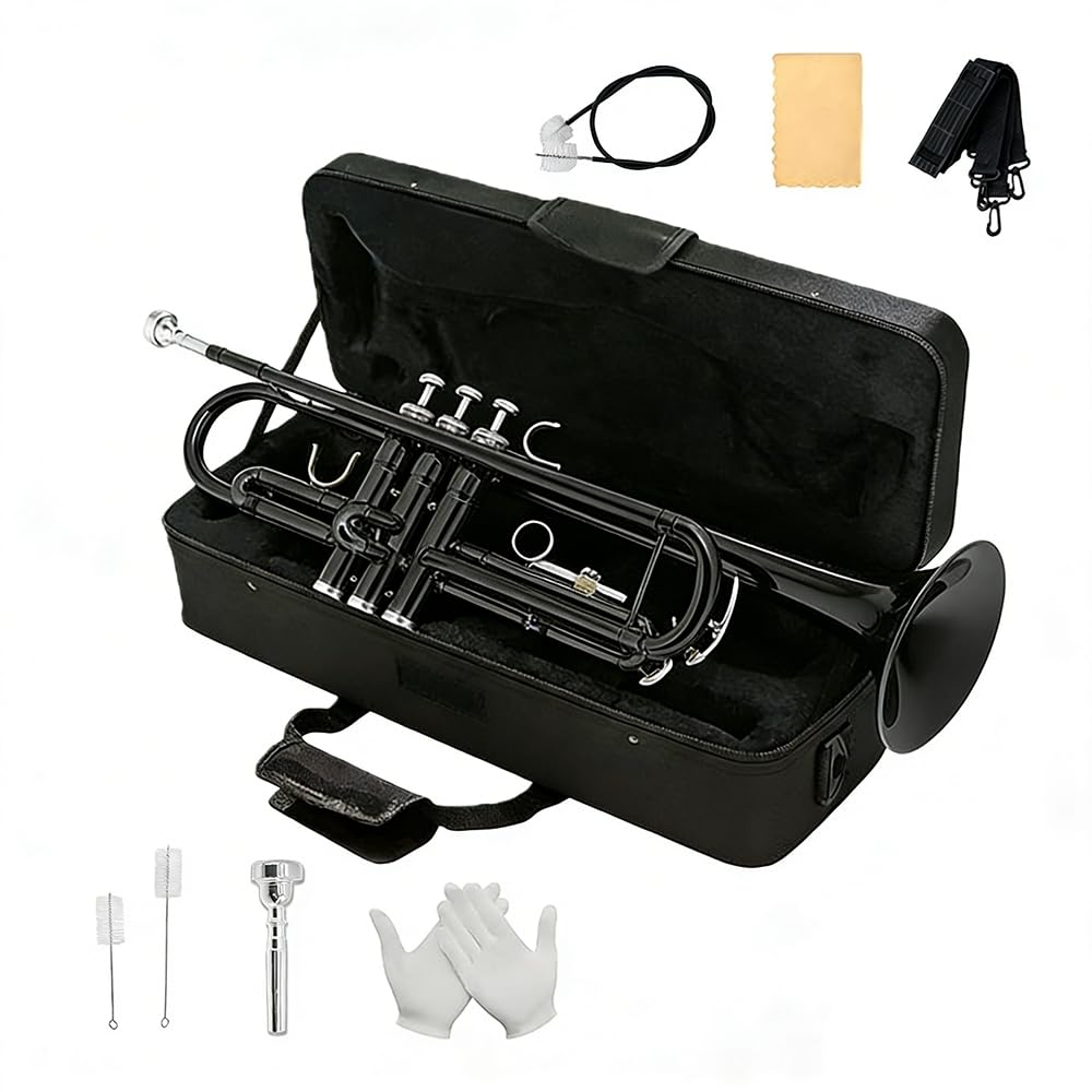 Trumpet Set for Beginners - Includes Silver Standard Trumpet, Hard Case, 7C Mouthpiece, Cleaning Kit, Gloves. Attractive tone, easy to Play for Students