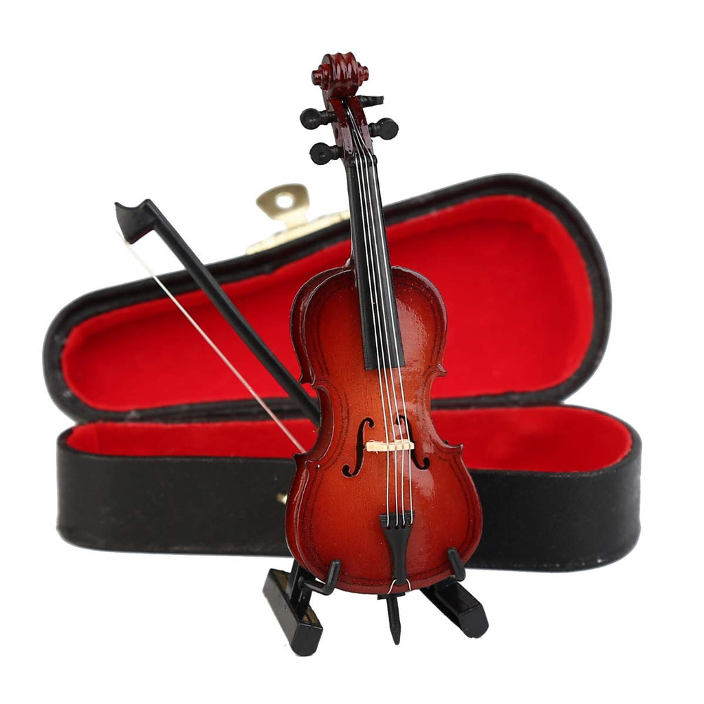 Wooden Miniature Cello with Stand, Bow and Case Mini Musical Instrument Cello Replica Collectible Figurines Dollhouse Accessories Model Home Decoration Display Ornament (5.51"x1.97"x0.63")