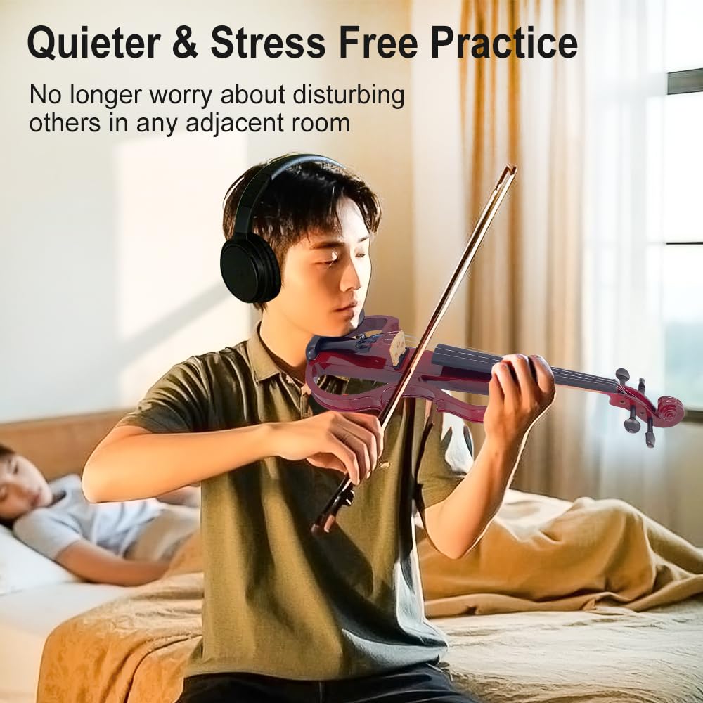 4/4 Full Size Electric Violin – Silent Electric Violin with Headphone Jack, Ebony Fittings – Includes Case, Bow, – Ideal for Practice & Performance (Black)