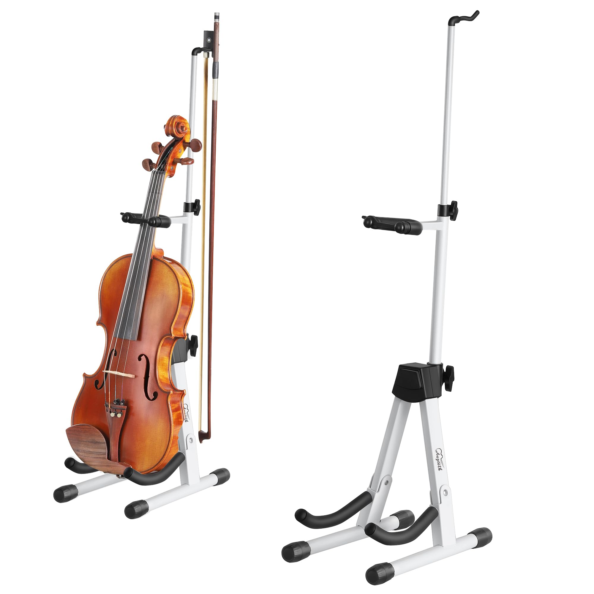 New Upgraded Anti-Tipping Design in Violin Stand with Bow Holder. Adjustable height, non-slip base, and protective head lock. Foldable and portable design for violins, violas, mandolins, and ukuleles.Gray Lockable
