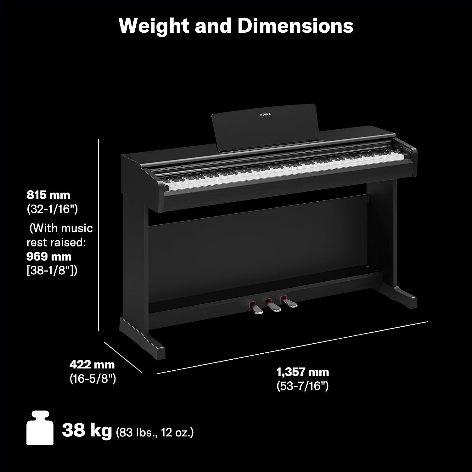 Yamaha Arius Series 88-Key Weighted Digital Piano Keyboard for Beginners, Full Size, Grand Piano Sound, 3-Pedal Unit, Bench Included, Classic Upright Design in Black, YDP146B