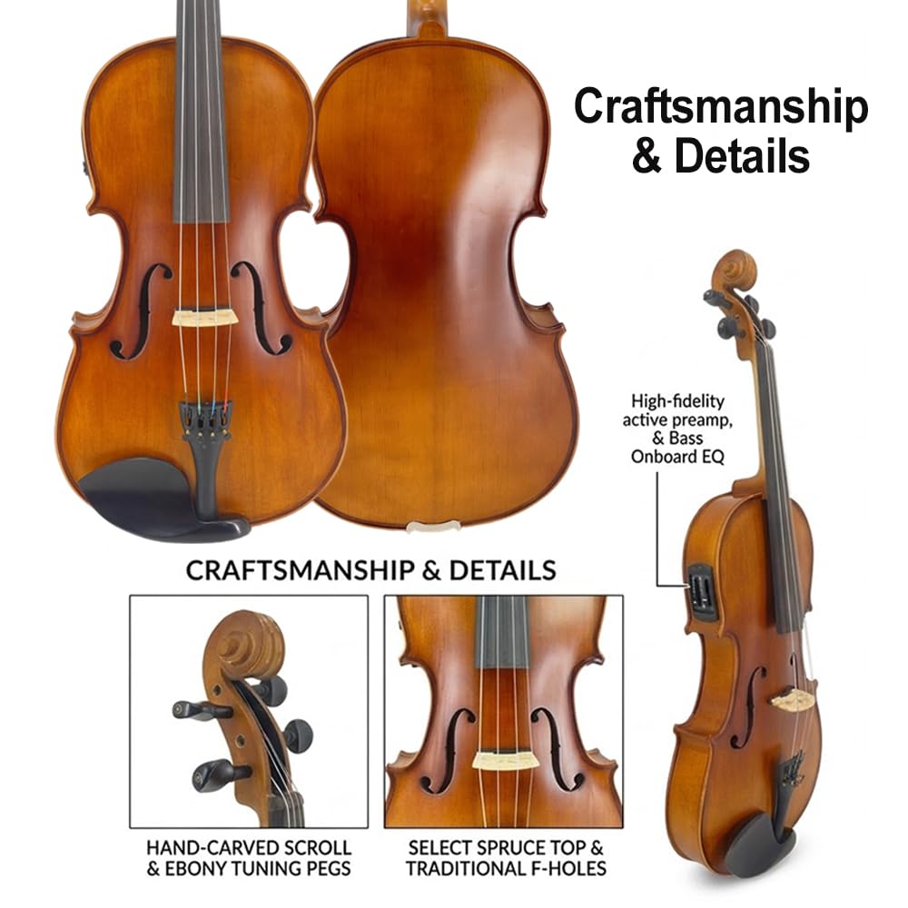 Vetimobato 16 inch 4-String Acoustic Electric Viola for Students, Adults, Professional Maple Spruce Ebony Fittings Handmade Solid Wood Electric Viola with Case, Bow