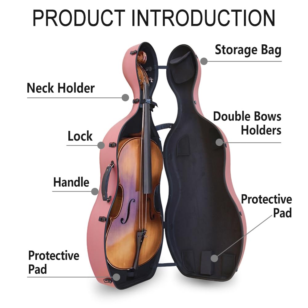 Vetimobato Carbon Fiber Cello Case for 4/4 Full Size Hard Shell with Wheels, Built-in Handle, Backpack Straps, Bow Holders Cello Accessories Box Strong & Ultralight (Dark Green)
