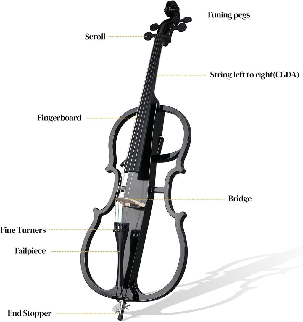 4/4 Black Metallic Electric Cello, Professional Silent Electric Cello Kit, Solid Wood Electric Silent Cello, Professional Stage Performance, with Case, Bow, Rosin, Earphone, Connecting line