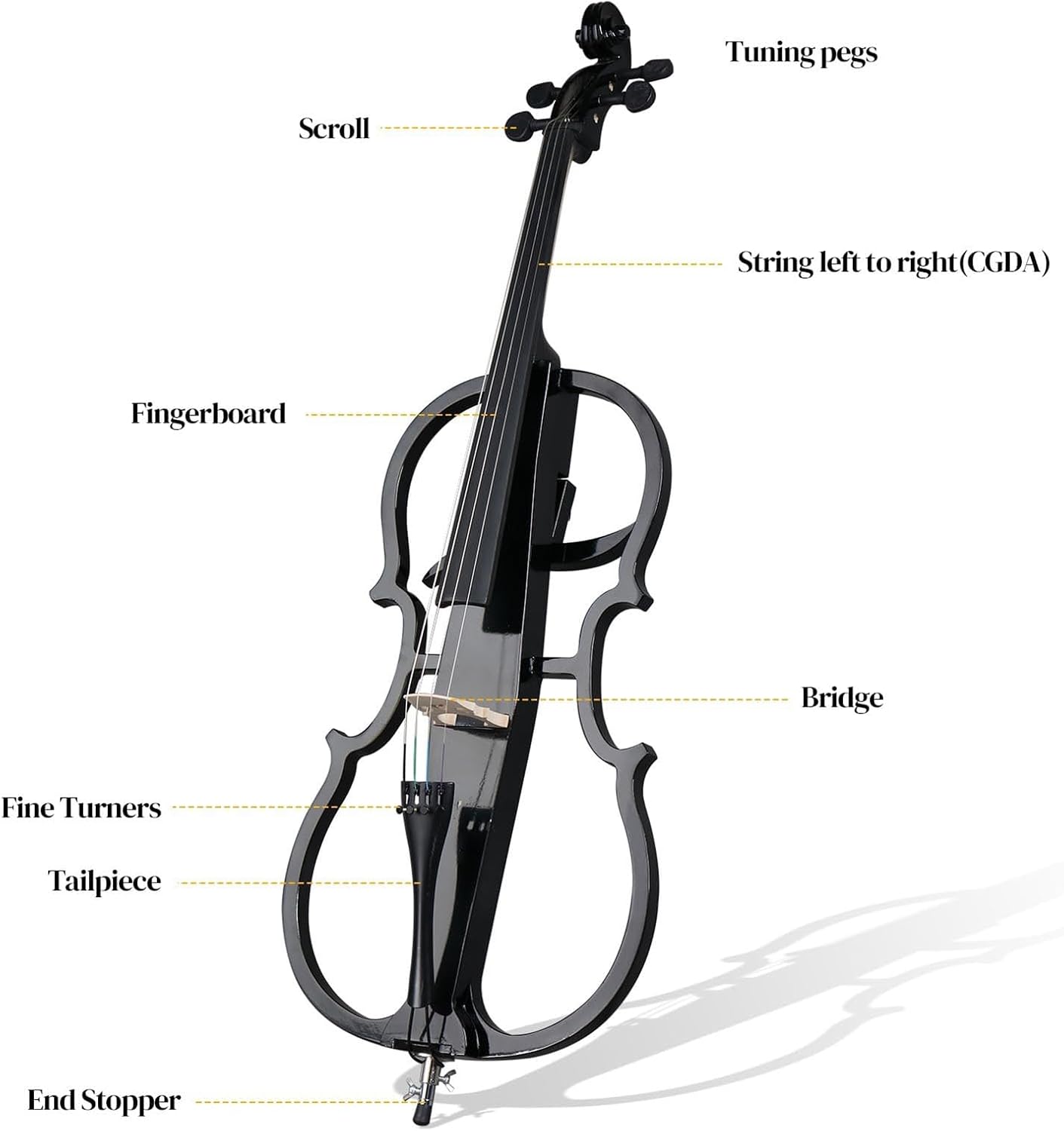 4/4 Black Metallic Electric Cello, Professional Silent Electric Cello Kit, Solid Wood Electric Silent Cello, Professional Stage Performance, with Case, Bow, Rosin, Earphone, Connecting line