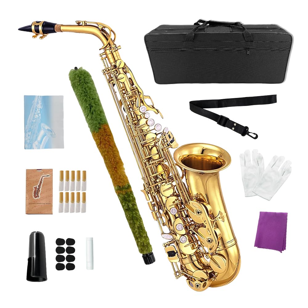 Alto Saxophone, Eb Flat Sax Complete Kit with Case & Accessories for Student, Adult & Beginner (Alto Saxophone Set with Mouthpiece, Reeds, Gloves, Cloth & Brush)-Golden