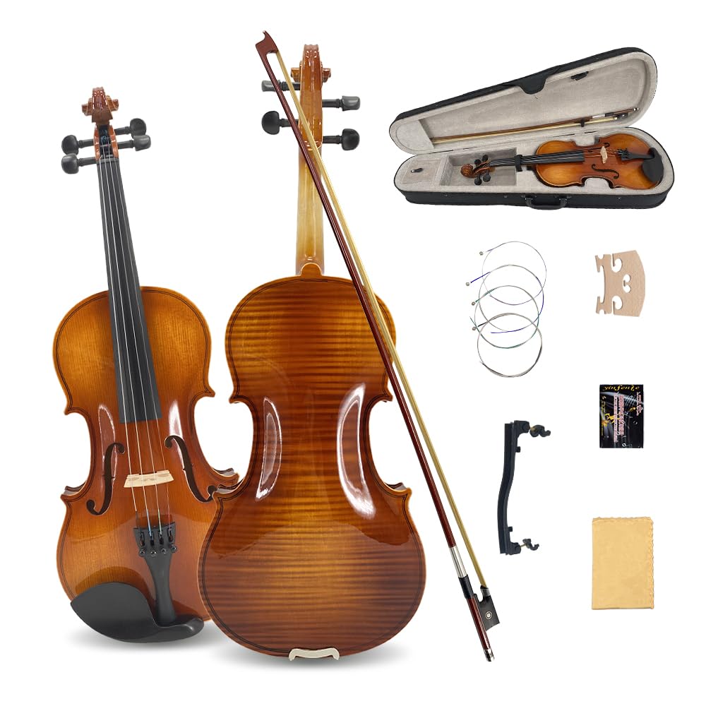 4/4 Violin for Beginners & Adults, Full Size Solid Wood Acoustic Violin with Flamed Back, Case, Bow,Shoulder Rest & Accessories Glossy Finish