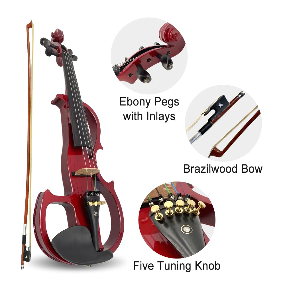 Vetimobato Electric Violin 4/4 Full Size Solid Wood Silent Violin Set for Adults Beginner Practice Electric Fiddle with Ebony Fittings Hard Case & Bow(4 String White)