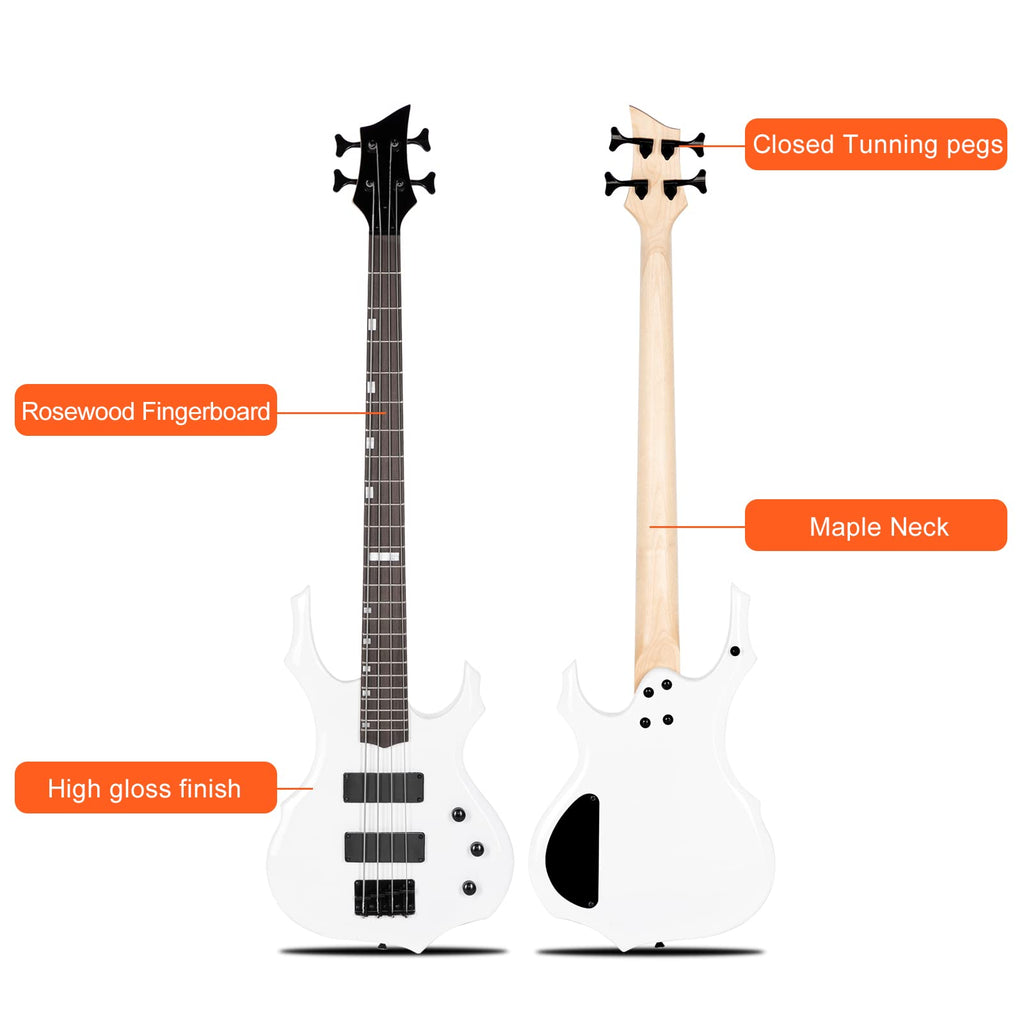 Ktaxon Electric Bass Guitar Full Size Flame Design Bass Set with 20 Watt Amplifier, Portable Bass Bag, Superior Amp Wire, Adjustable Guitar Strap, Plectrum, Wrench Tool(Matte Black)