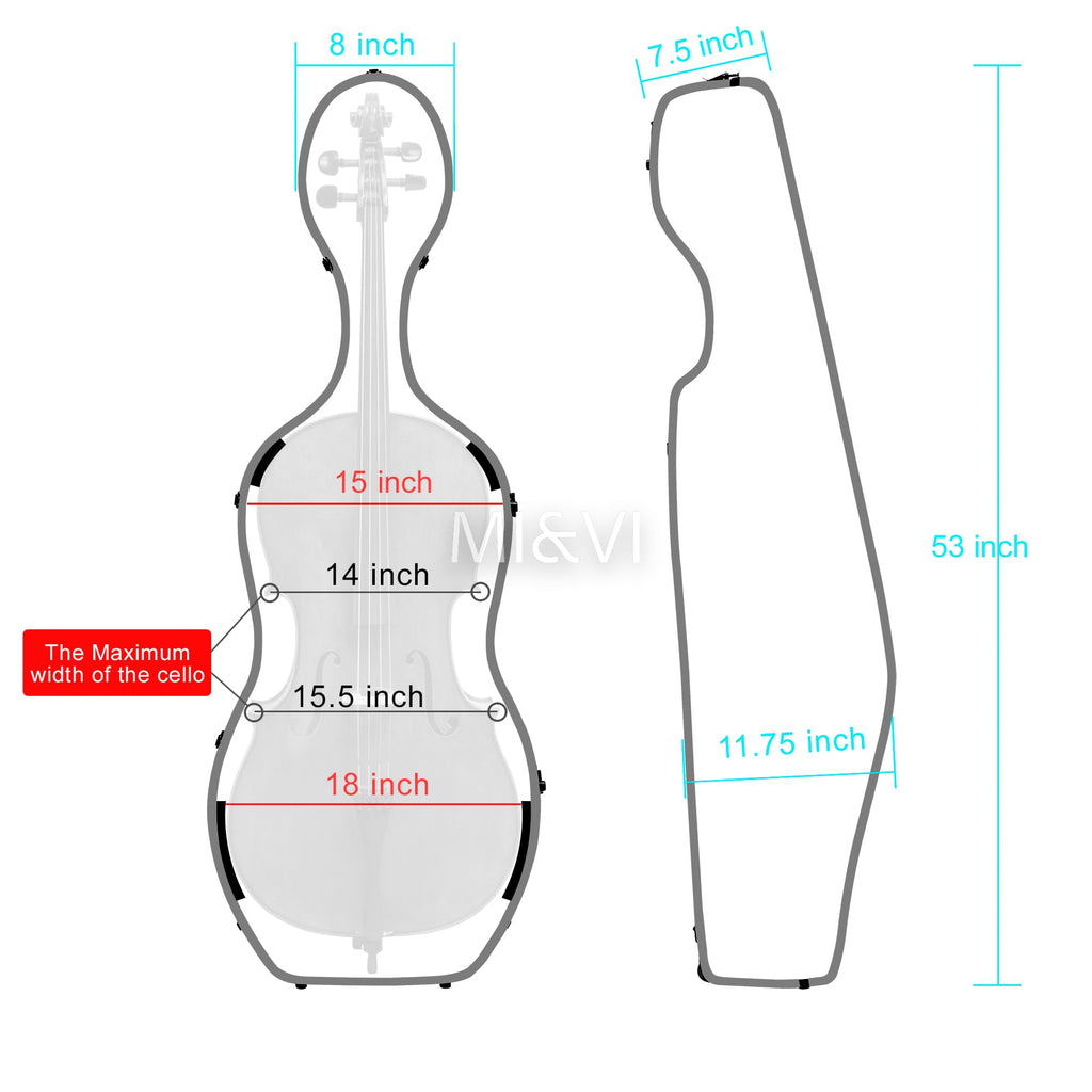 MI&VI Forte Series Hard Cello Case (Full Size) with Wheels — Polycarbonate Tough Shell Case for 4/4 Sized Cellos (White)