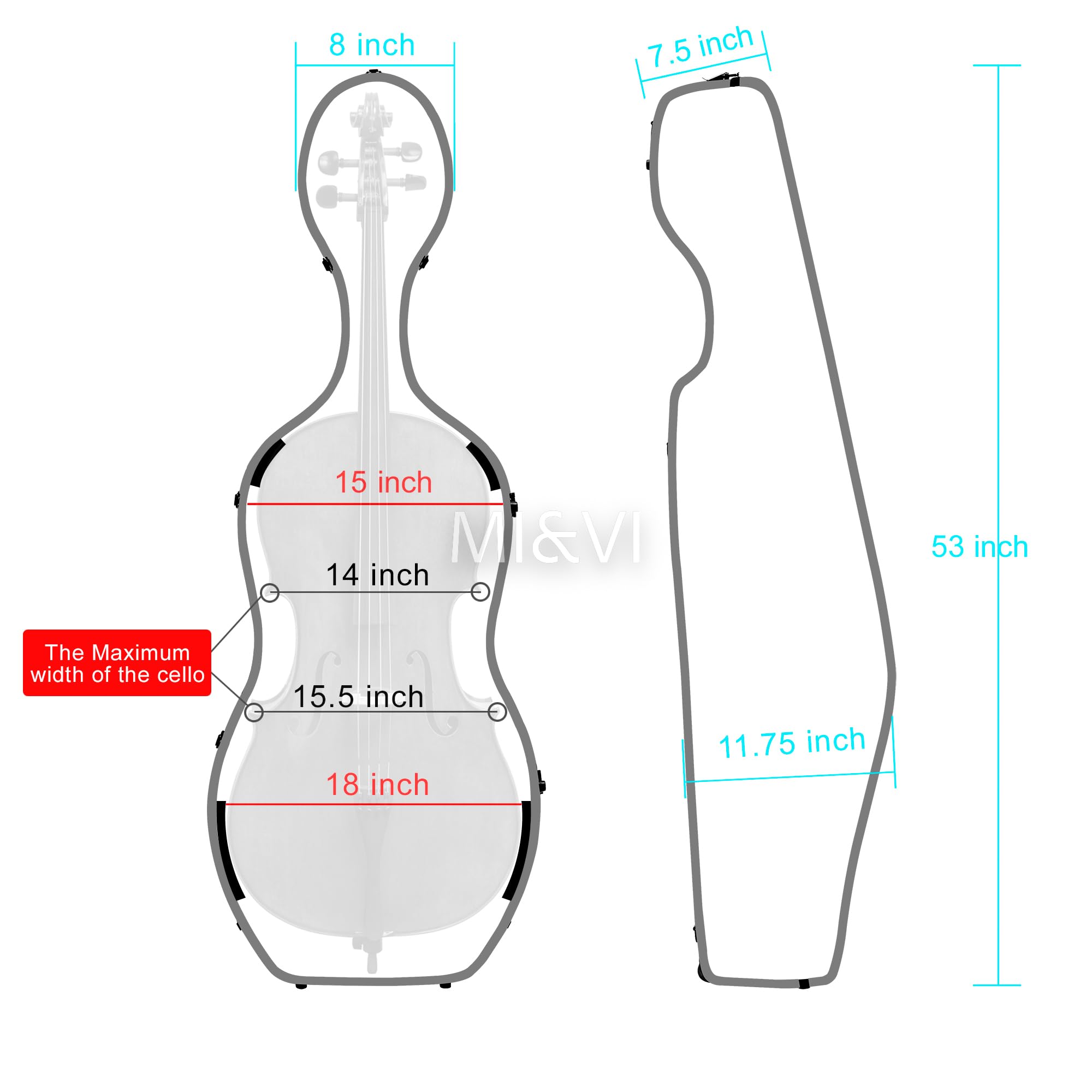 MI&VI Forte Series Hard Cello Case (Full Size) with Wheels — Polycarbonate Tough Shell Case for 4/4 Sized Cellos (White)