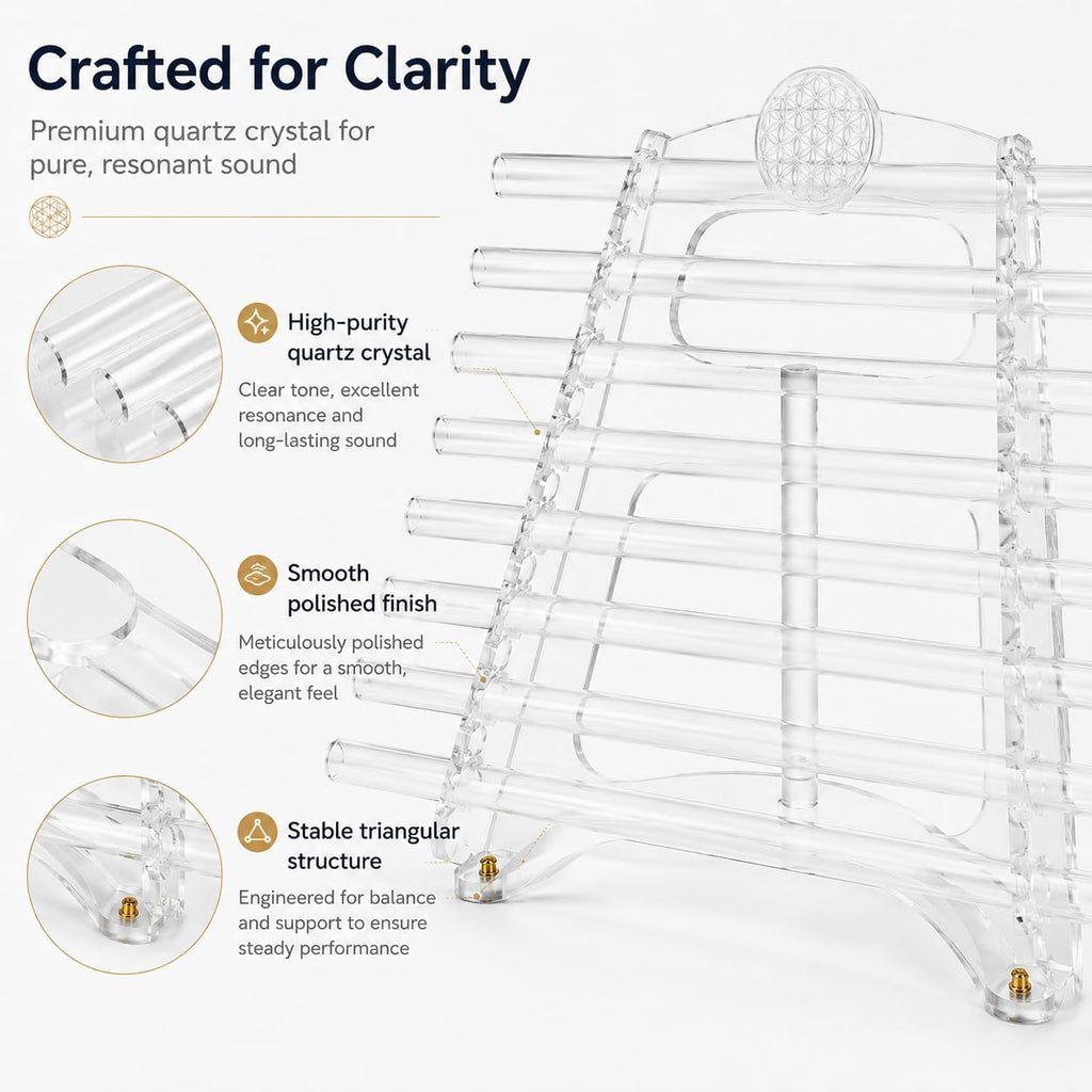 Quartz Crystal Harp for Sound Therapy, 432Hz/440Hz 8 Note CDEFGABC Quartz Crystal Singing Harp, Includes 8 Notes and Alumina Alloy Case, for Sound Baths and Meditation (A,440hz)