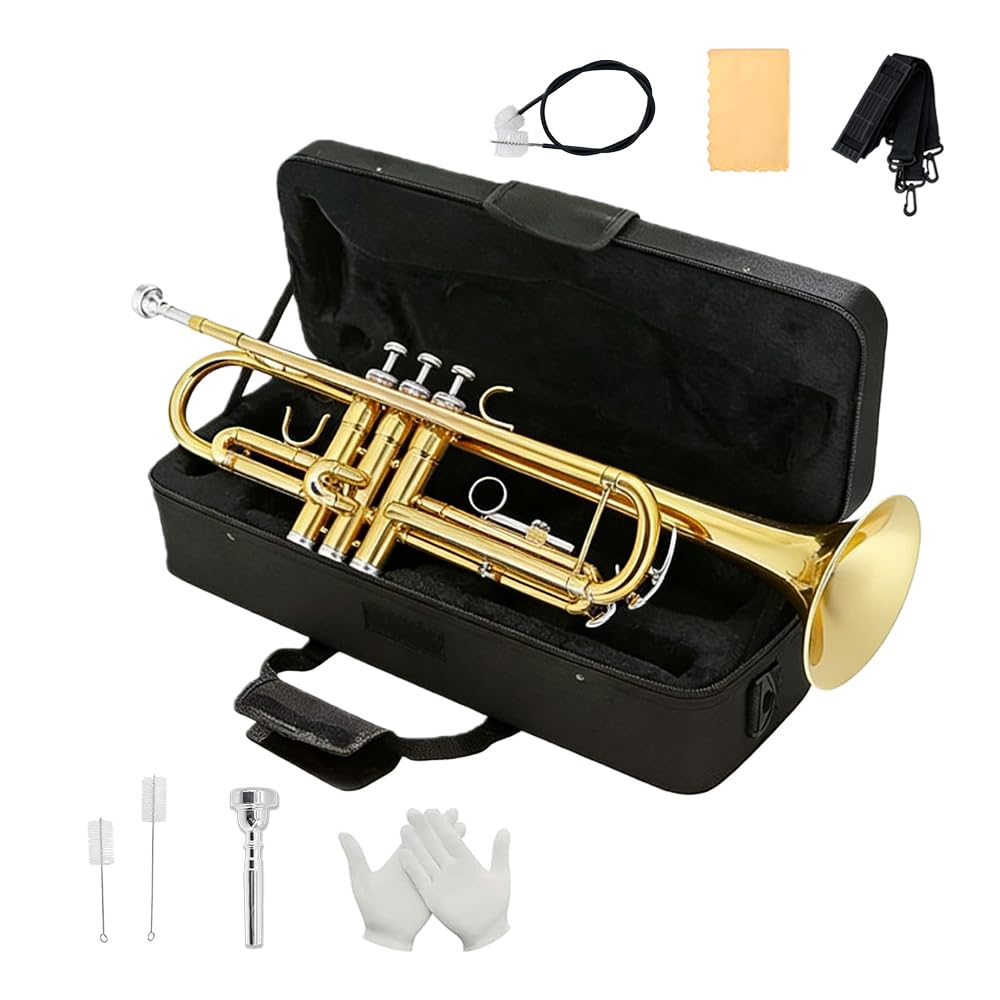 Trumpet Set for Beginners - Includes Silver Standard Trumpet, Hard Case, 7C Mouthpiece, Cleaning Kit, Gloves. Attractive tone, easy to Play for Students