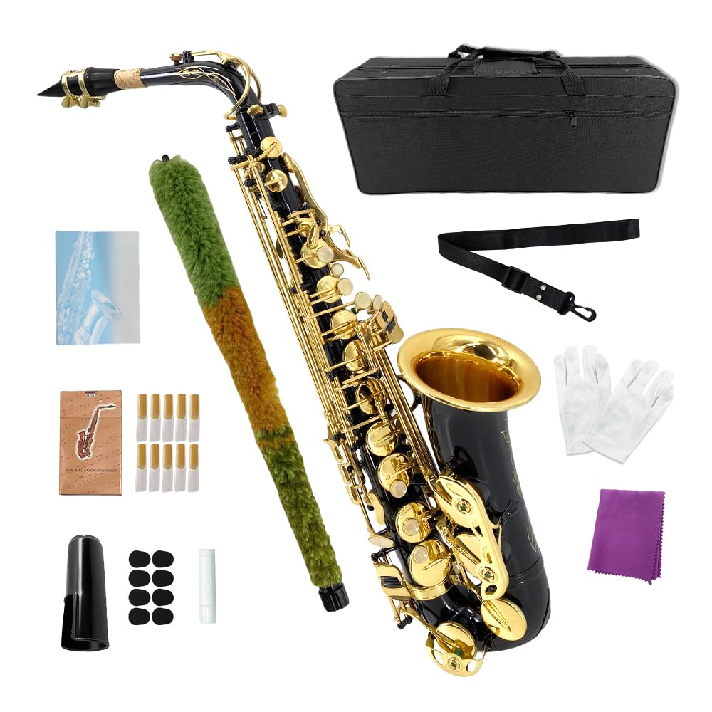 Alto Saxophone, Eb Flat Sax Complete Kit with Case & Accessories for Student, Adult & Beginner (Alto Saxophone Set with Mouthpiece, Reeds, Gloves, Cloth & Brush)-Golden
