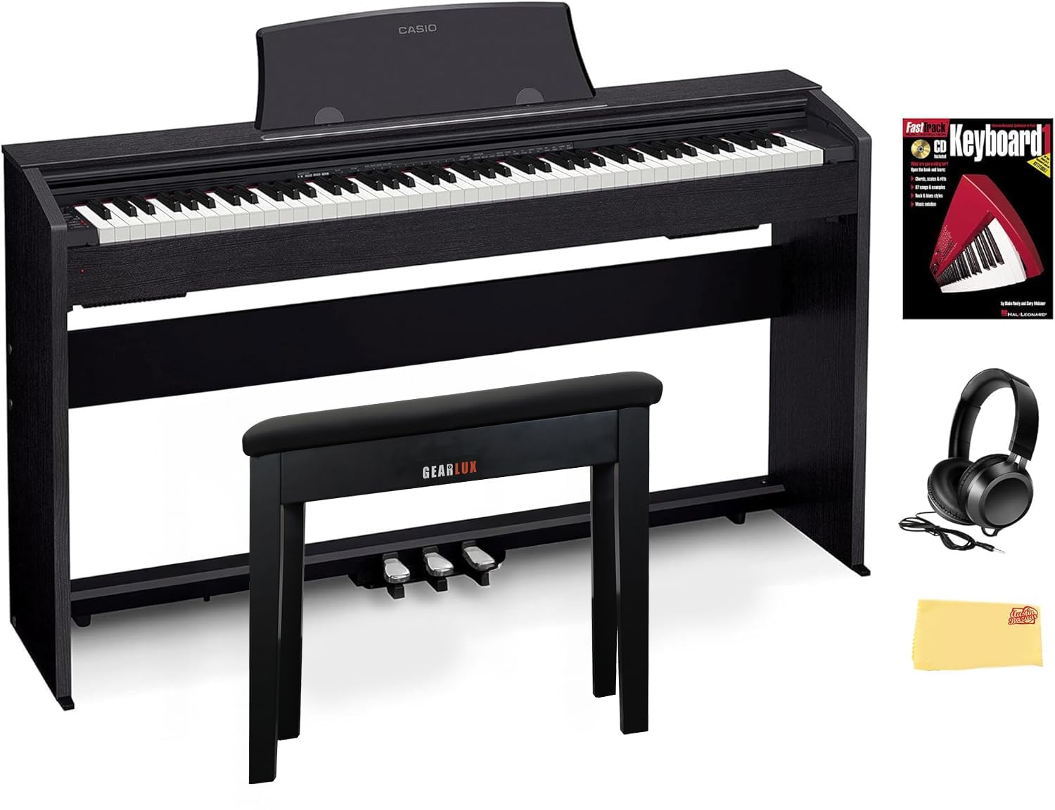 Casio PX-770 Privia Digital Piano - Black Bundle with Furniture Bench, Headphones, Instructional Book, Online Lessons, Instructional DVD, and Austin Bazaar Polishing Cloth