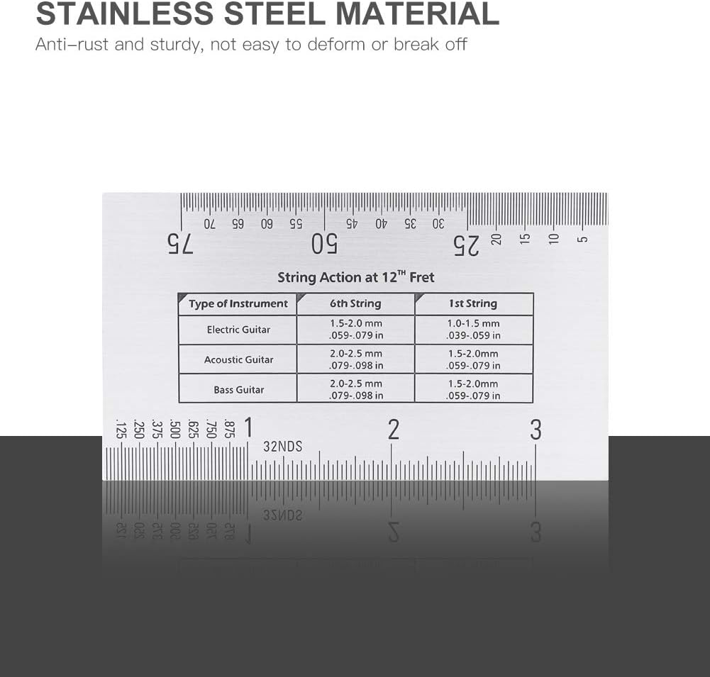 Stainless Steel String Action Ruler Gauge for Guitar Setup, Luthier Measuring Tool for Electric Bass Acoustic Guitar Height Measurement, Precise String Action Gauge, Lightweight
