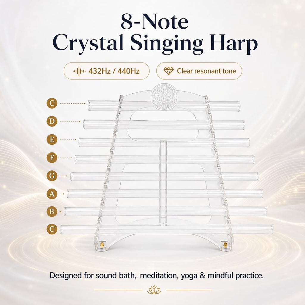 Quartz Crystal Harp for Sound Therapy, 432Hz/440Hz 8 Note CDEFGABC Quartz Crystal Singing Harp, Includes 8 Notes and Alumina Alloy Case, for Sound Baths and Meditation (A,440hz)