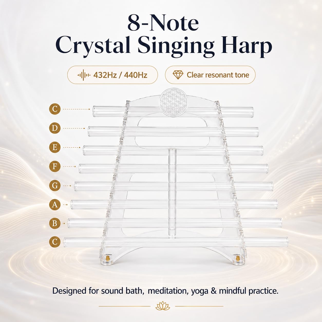 Quartz Crystal Harp for Sound Therapy, 432Hz/440Hz 8 Note CDEFGABC Quartz Crystal Singing Harp, Includes 8 Notes and Alumina Alloy Case, for Sound Baths and Meditation (A,440hz)