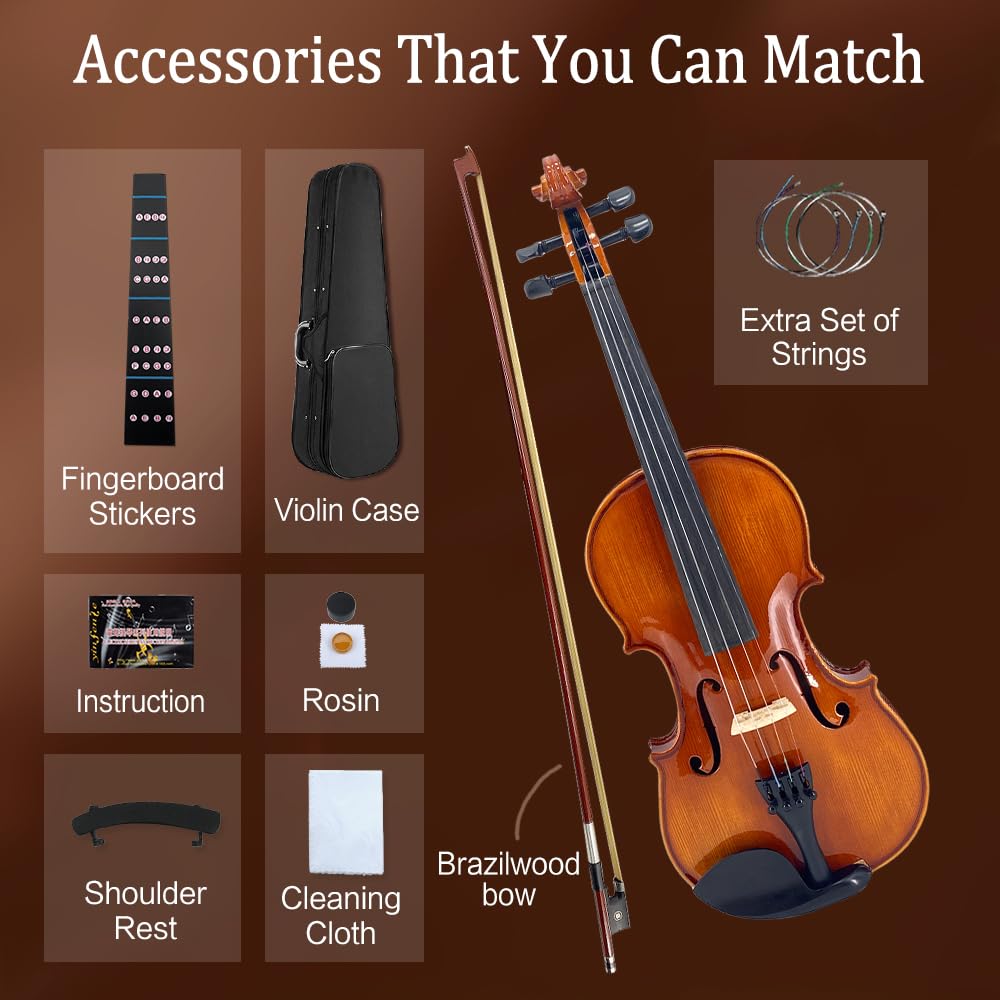 1/2 Violin Set for Beginners Violin Fiddle Set for Beginners with Shoulder Rest Bow Bridge Hard Case and Extra 4strings