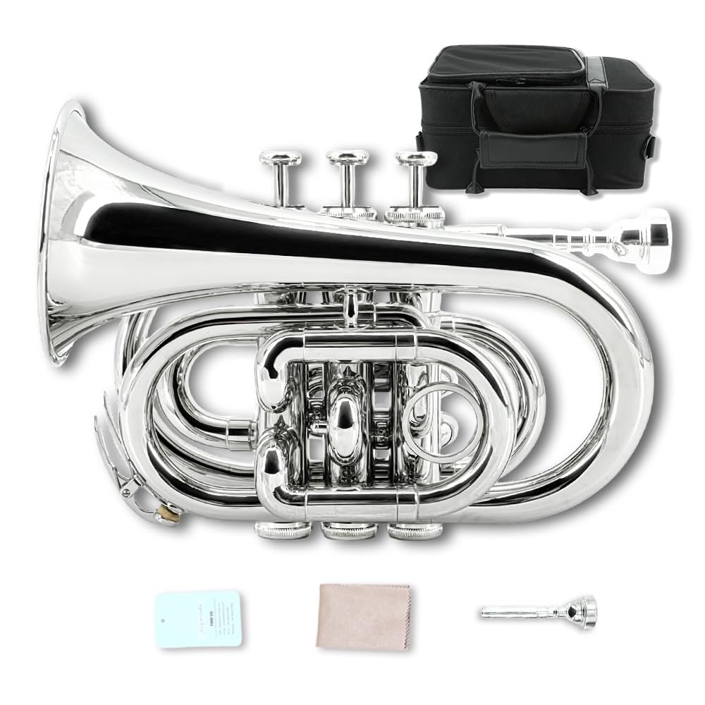 Pocket Trumpet Bb Flat Brass Trumpet for Beginner Student with 7C Mouthpiece Carrying Hard Case Cleaning Cloth Gloves