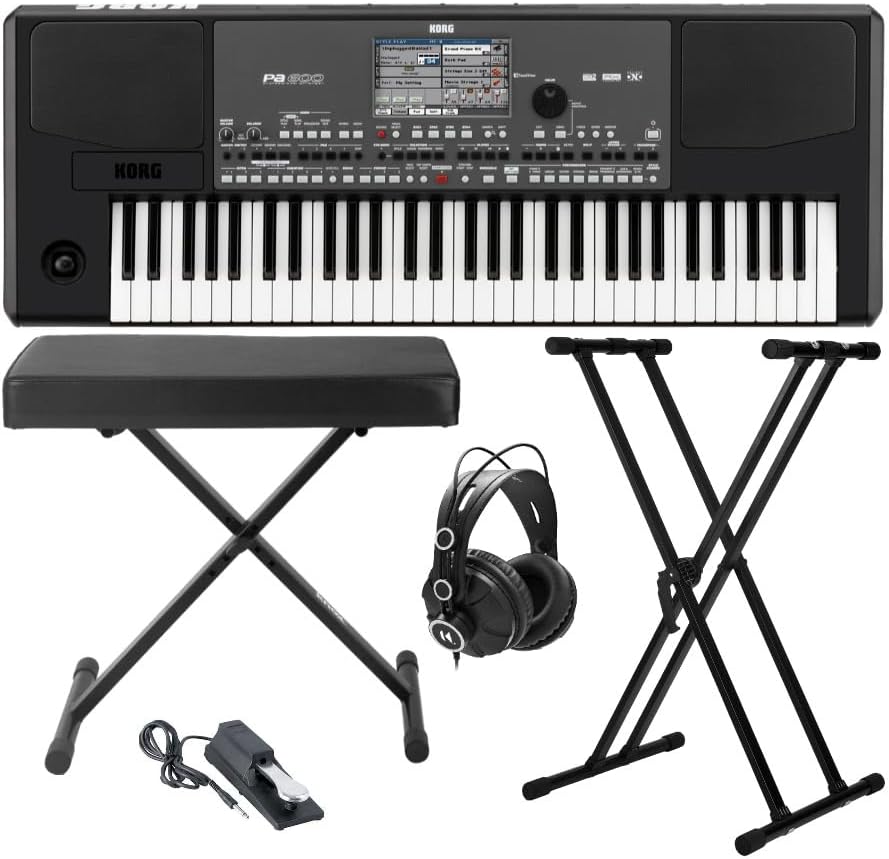 Korg PA600 61-Key Professional Arranger Keyboard with Bench, Pedal and Accessory Bundle
