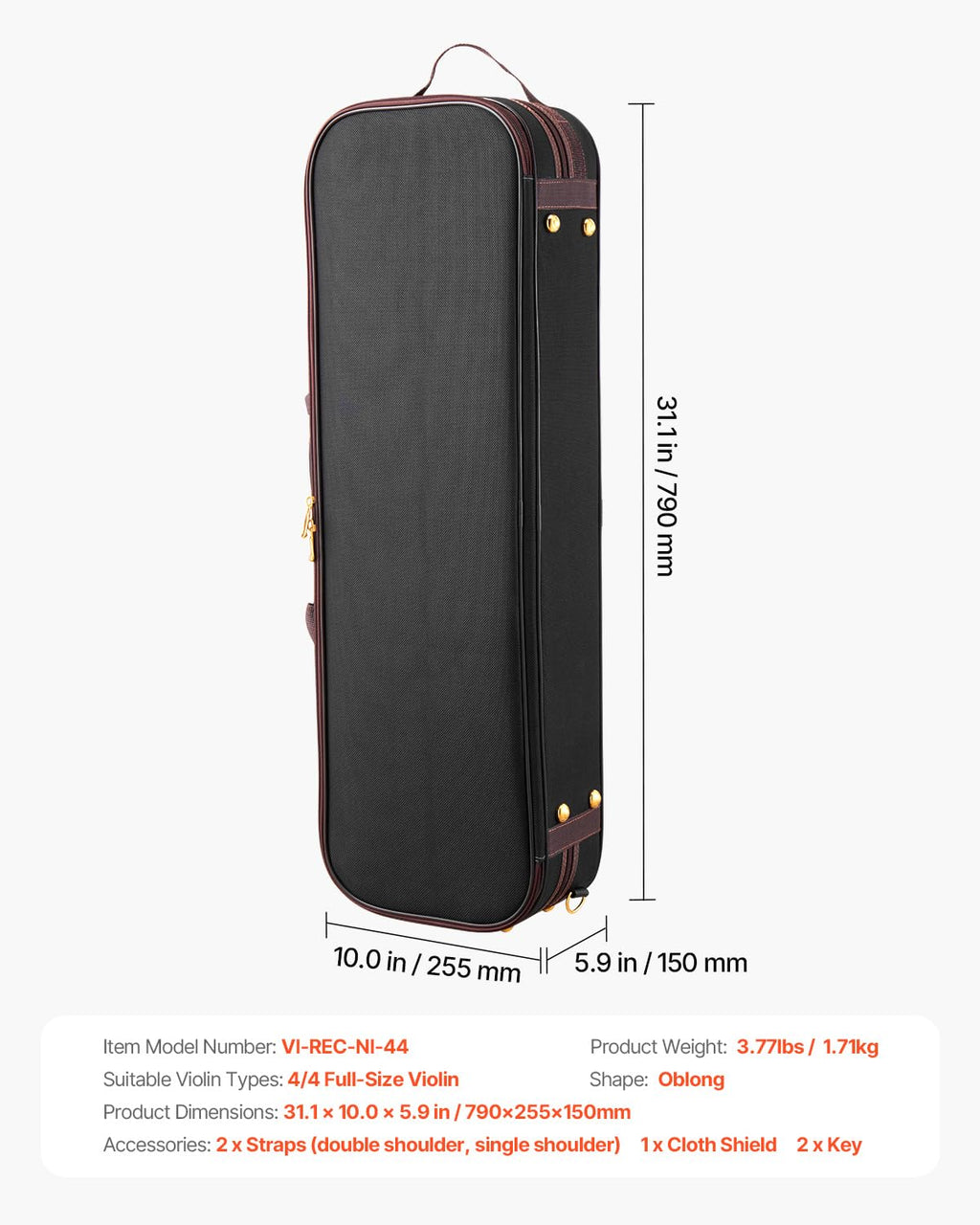 VEVOR 4/4 Full Size Violin Case, Built-in Hygrometer, Lightweight Portable Travel Carrying Bag, with Plush Lining, Dual Shoulder Straps, Anti-Scratch, Professional Triangular Shape, for Violin, Black
